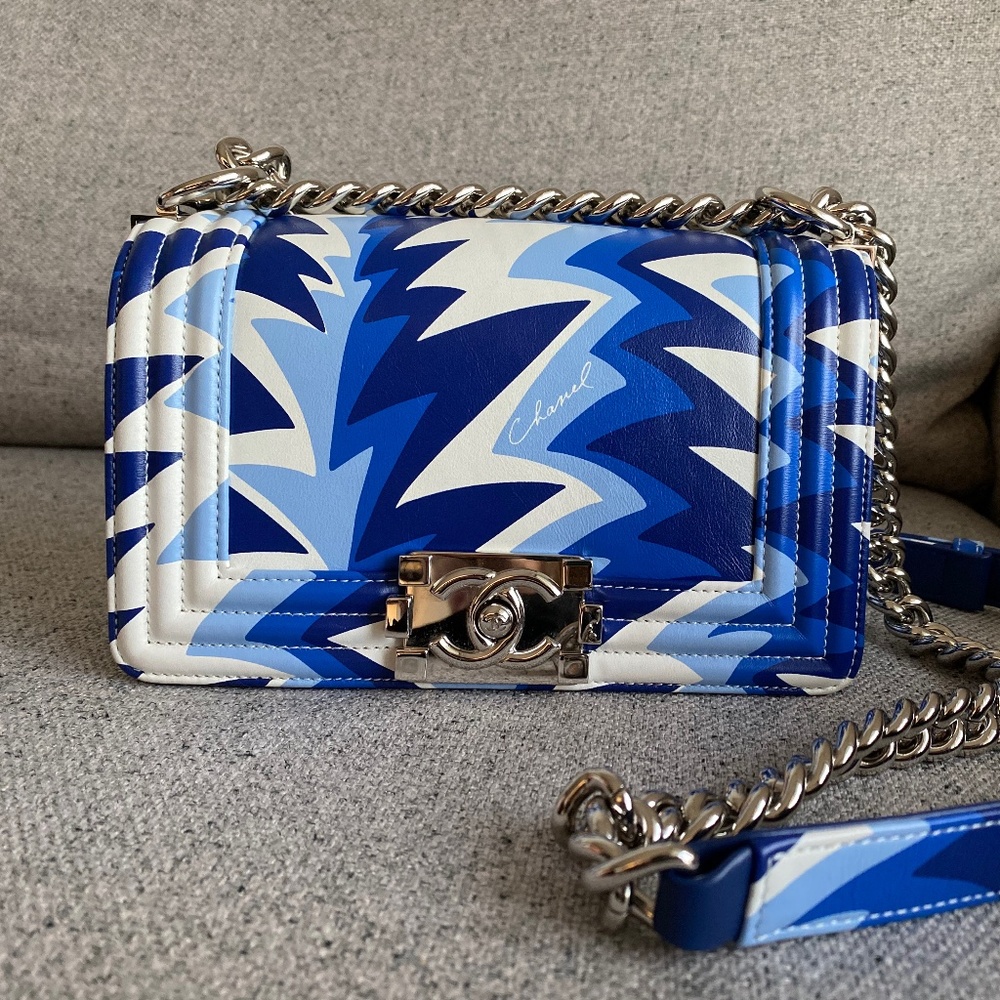 CHANEL Printed Calfskin Small Boy Flap Blue White with SHW